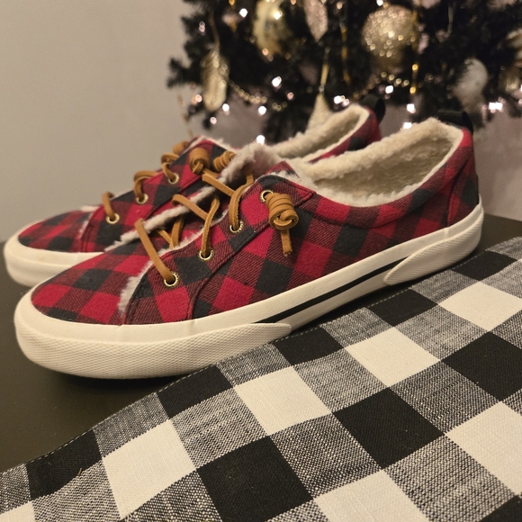 Sperry Top Sider 9.5 Pier Wave Canvas Red Black Check Sneakers Deck Shoes - Picture 2 of 6